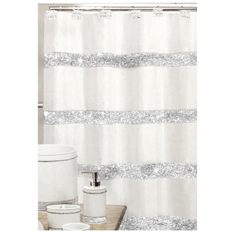 White Diamonds Shower Curtain Fabric Sparkling Rhinestones 72” x 72” White - Picture 1 of 14